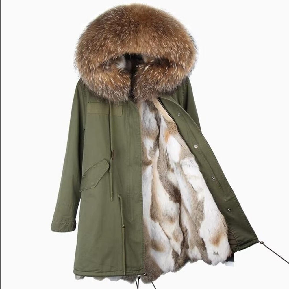 JAZZEVAR Parka Raccoon Fur Collar Rabbit Fur Liner Coat Jackets Hooded Overcoat